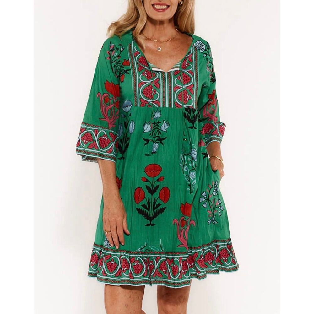 Lulalife Green Floral Boho Tunic Dress Cotton Beach Cover Up XL Lightweight
